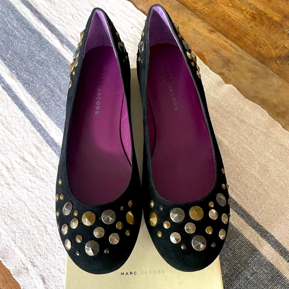MARC JACOBS VTG Y2K Studded Black Suede Ballet Flats PUNK 40 9 9.5 Worn Once